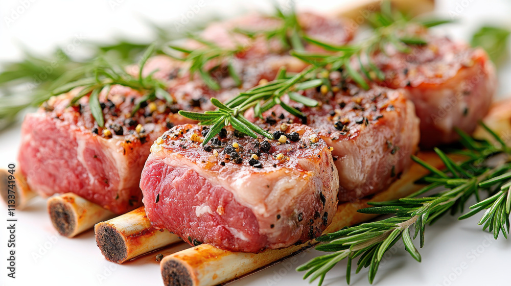 Fototapeta premium Fresh raw meat with herbs on white background, showcasing pork and beef chops garnished with rosemary and spices, perfect for culinary presentations