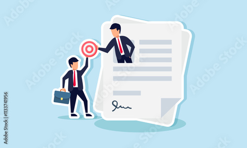 A businessman emerging from a contract paper receives a target board from another businessman, illustration of assigning business targets to a new employee
