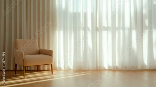 Fototapeta Naklejka Na Ścianę i Meble -  serene studio space featuring cozy chair and soft, flowing curtains. warm light creates calming atmosphere
