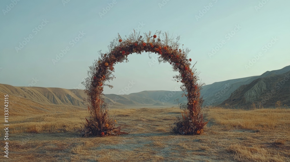 Fototapeta premium Rustic Floral Arch in Serene Landscape During Golden Hour Light