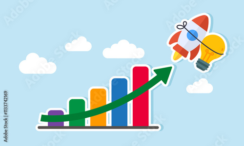 A lamp tied to a rocket soaring to the sky past a rising chart, illustration of improving business performance through new ideas and innovations