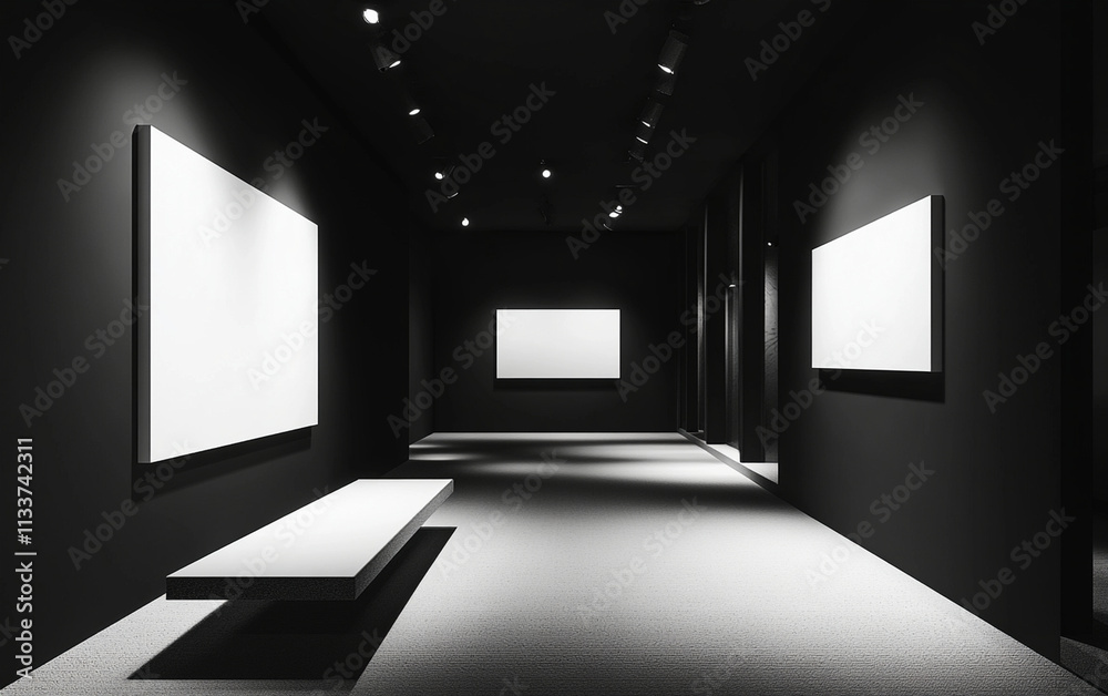 minimalist art gallery featuring blank canvases on black walls, creating serene atmosphere minimalist art gallery featuring blank canvases on black walls, creating serene atmosphere