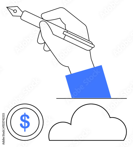 Hand holding a fountain pen poised to write above a dollar sign and cloud shape. Ideal for finance, technology, cloud computing, digital transactions, business growth, innovation, creativity. Line