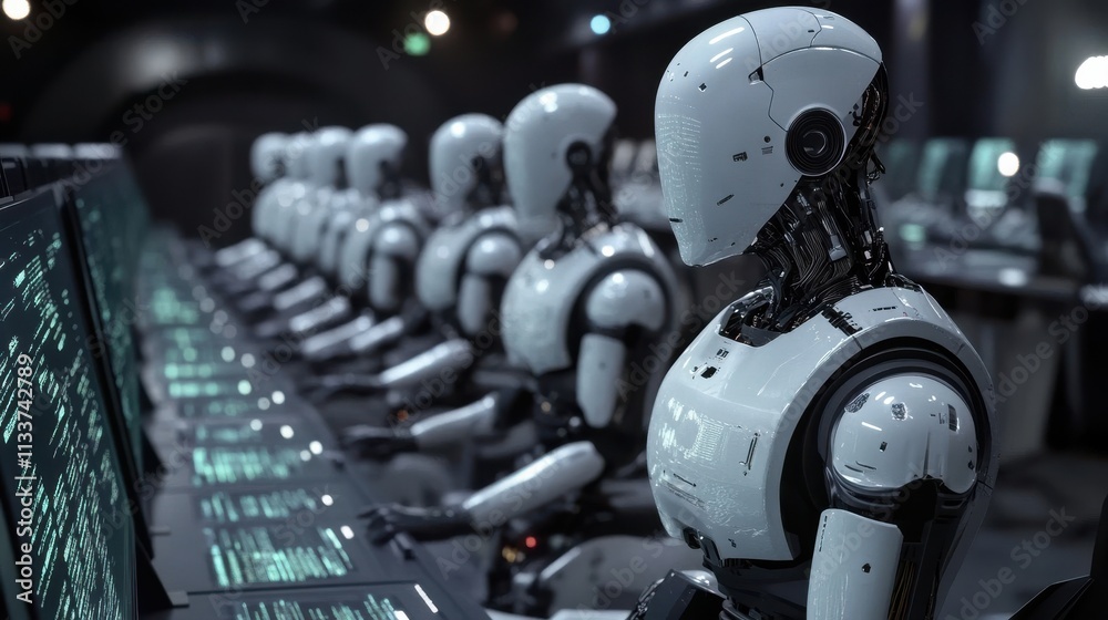 Advanced Robots Working in Futuristic Control Room Advanced Robots Working in Futuristic Control Room