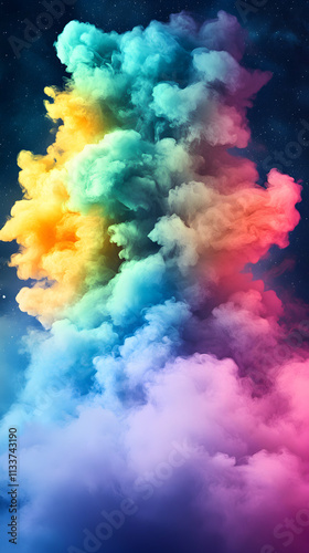 Rainbow Smoke Explodes Against Night Sky, Colorful Vapor Rising Majestically, Creating Dreamlike Atmosphere.