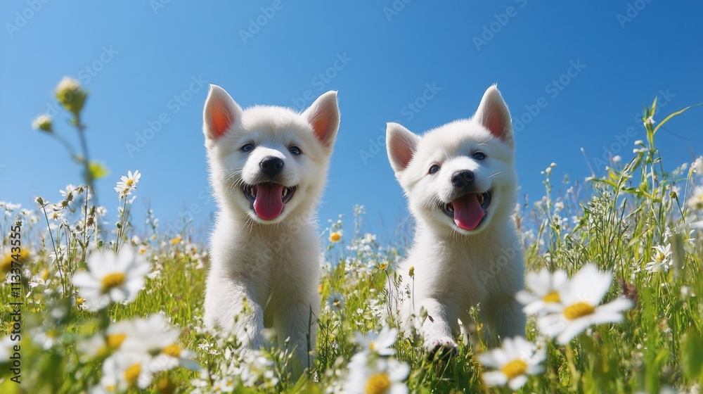 Adorable White Puppies Smiling in Flower Field Under Clear Sky Adorable White Puppies Smiling in Flower Field Under Clear Sky