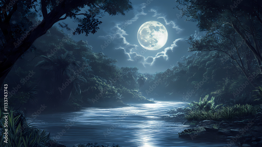 An ethereal moonlit scene of a river flowing through a dense thicket of tropical foliage and giant trees, moonlit river, ethereal atmosphere, shimmering water. Thicket. Illustration An ethereal moonlit scene of a river flowing through a dense thicket of tropical foliage and giant trees, moonlit river, ethereal atmosphere, shimmering water. Thicket. Illustration