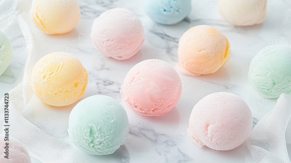 Colorful Ice Cream Scoops on Marble Surface Colorful Ice Cream Scoops on Marble Surface