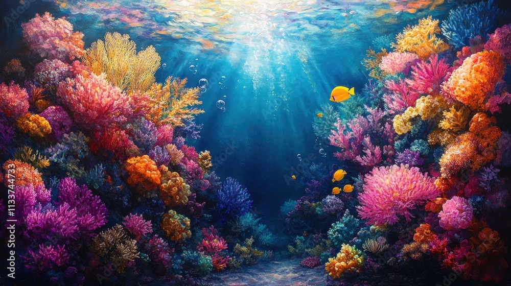 Fototapeta premium Vibrant coral reef, colorful fish, underwater scene.