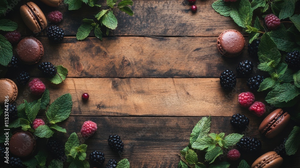 Fresh Berries and Macarons on Wooden Table Fresh Berries and Macarons on Wooden Table