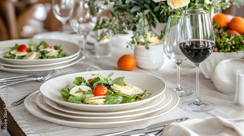 Fresh Salad with Tomato and Cheese on Elegant Dining Table Setting Fresh Salad with Tomato and Cheese on Elegant Dining Table Setting