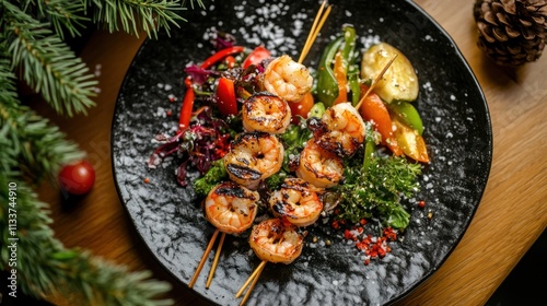 Grilled Shrimp Skewers Served with Roasted Vegetables and Herbs