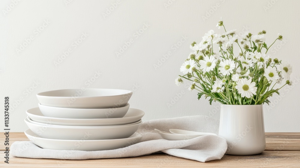 Elegant Arrangement of White Plates and Fresh Flowers on Table Elegant Arrangement of White Plates and Fresh Flowers on Table