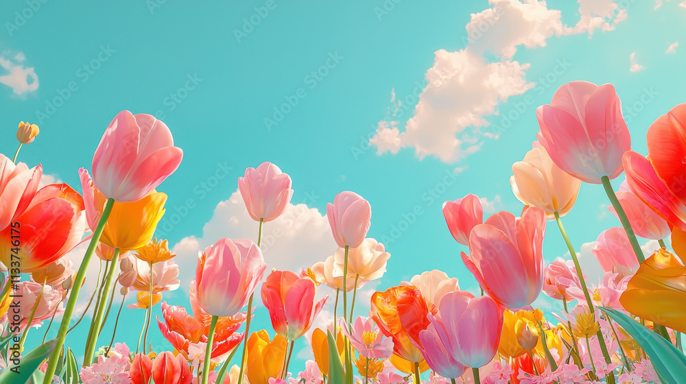 Obraz premium Beatiful sky and flower meadow concept. field of bright, colorful tulips in full bloom under blue sky