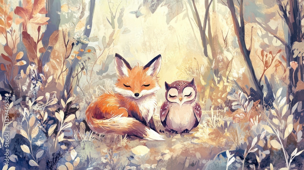 Naklejka premium Fox and Owl in Serene Forest Setting