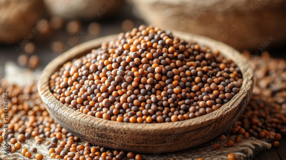 Rich mustard seeds in wooden bowl, surrounded by scattered seeds on textured surface, create warm and inviting atmosphere. Perfect for culinary use or decoration Rich mustard seeds in wooden bowl, surrounded by scattered seeds on textured surface, create warm and inviting atmosphere. Perfect for culinary use or decoration
