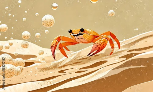 An illustrated crab playfully emerges from waves with bubbles in a sandy environment. photo