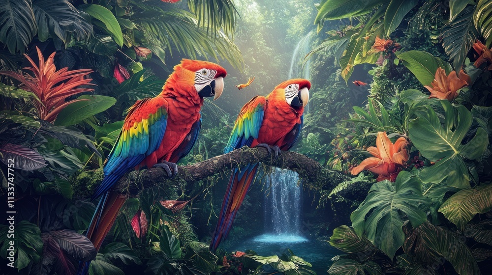 Brightly feathered parrots perched on a vine, the sound of a waterfall echoing through a jungle filled with exotic plants. Brightly feathered parrots perched on a vine, the sound of a waterfall echoing through a jungle filled with exotic plants.