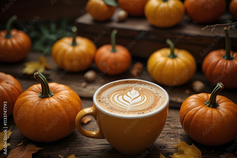 Comforting scene of a pumpkin spice latte surrounded by pumpkins and fall leaves, evoking the warmth Comforting scene of a pumpkin spice latte surrounded by pumpkins and fall leaves, evoking the warmth