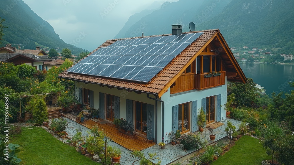 A modern house with solar panels surrounded by lush greenery and mountains near a lake. A modern house with solar panels surrounded by lush greenery and mountains near a lake.