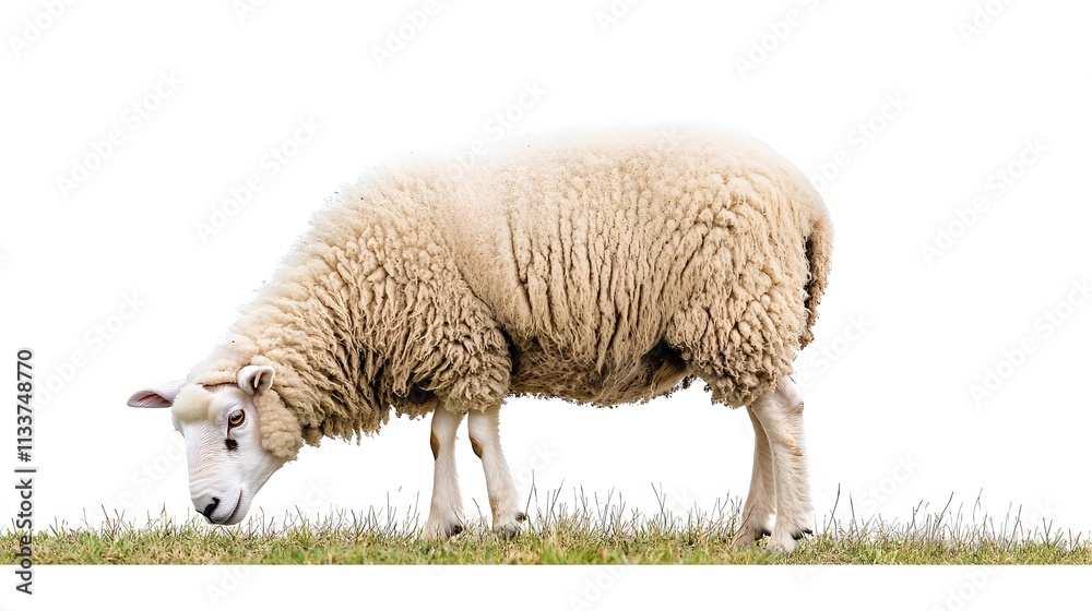 24. A fluffy white sheep grazing in a white background setting 24. A fluffy white sheep grazing in a white background setting