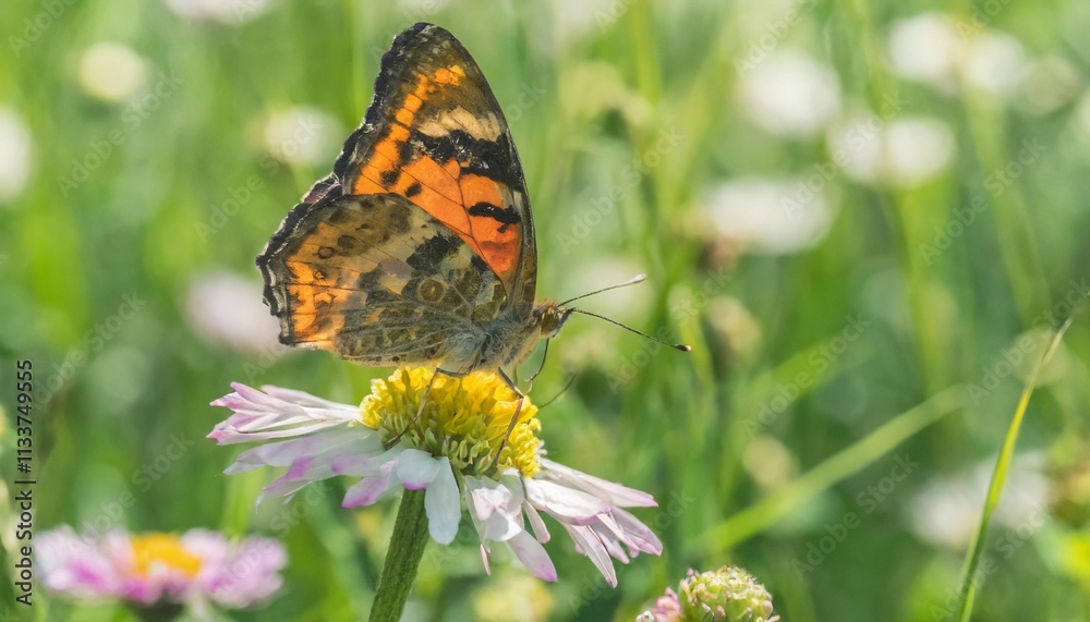Colorful Butterfly Resting on Wildflower in Lush Meadow During Spring Colorful Butterfly Resting on Wildflower in Lush Meadow During Spring