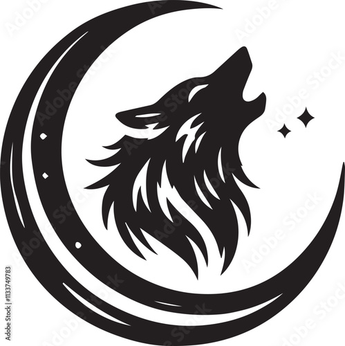 A wolf head howling at a crescent moon vector black silhouette