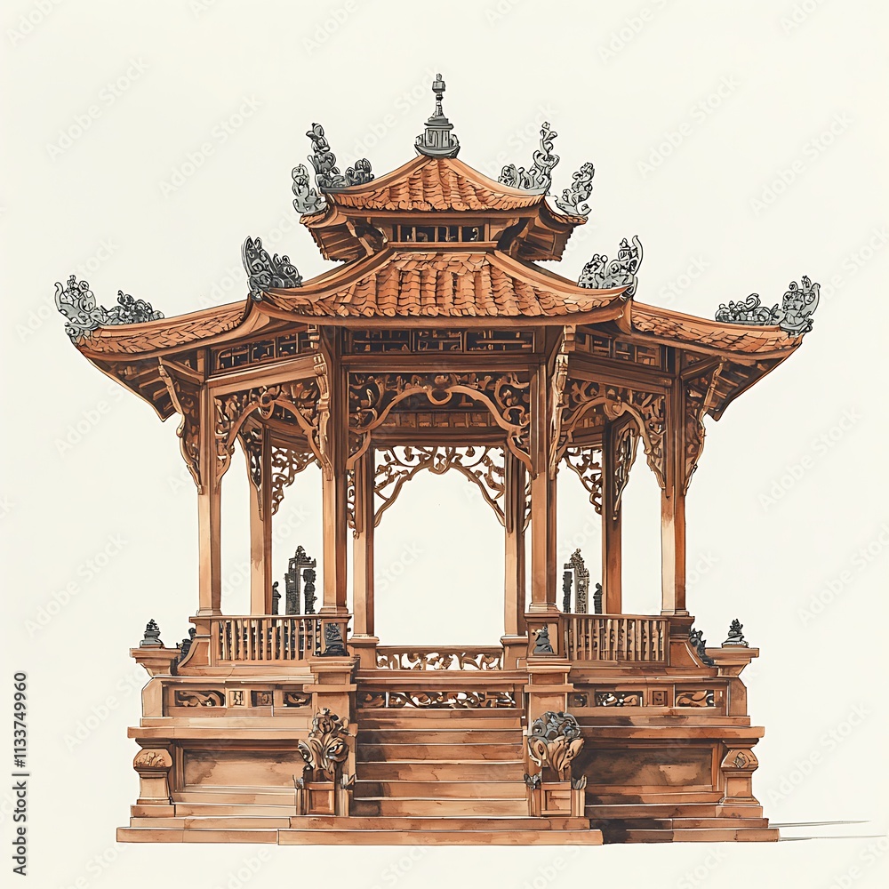 Intricate Wooden Pavilion A Detailed Watercolor Illustration of Traditional Asian Architecture.