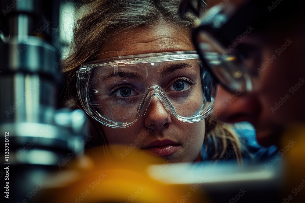 Young Woman Engineer in Safety Glasses Working on Machinery Young Woman Engineer in Safety Glasses Working on Machinery