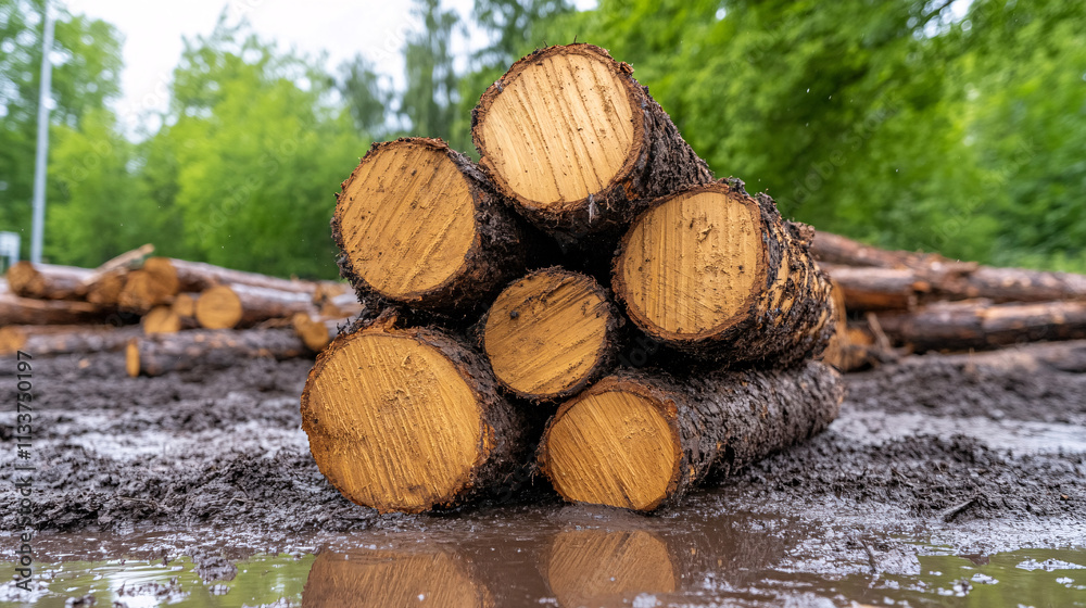 Freshly cut logs stacked on muddy ground, surrounded by lush greenery, showcasing natural beauty of timber. scene evokes sense of tranquility and connection to nature Freshly cut logs stacked on muddy ground, surrounded by lush greenery, showcasing natural beauty of timber. scene evokes sense of tranquility and connection to nature