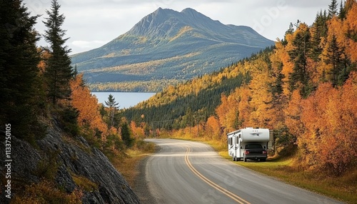 RV Trailer Parked Alongside Road with Scenic Mountain Autumn Colors in Jackman, Maine photo