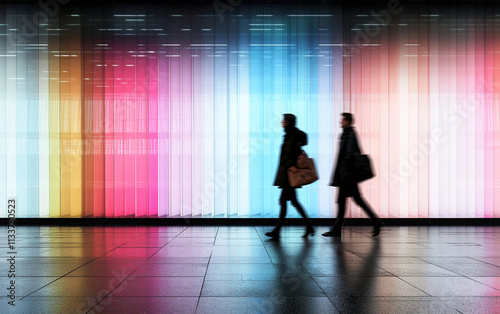 Modern silhouette art featuring business people walking against colorful backdrop, creating dynamic urban atmosphere