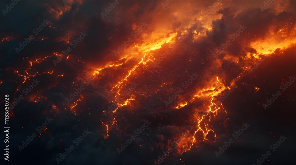 Fiery orange lightning streaks across dark stormy clouds Fiery orange lightning streaks across dark stormy clouds