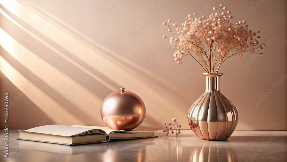 Rose gold aesthetic still life with book, sphere, and vase of dried flowers in soft light Rose gold aesthetic still life with book, sphere, and vase of dried flowers in soft light
