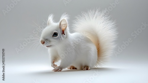 54. A white squirrel with its bushy tail flicking on a pure white surface photo