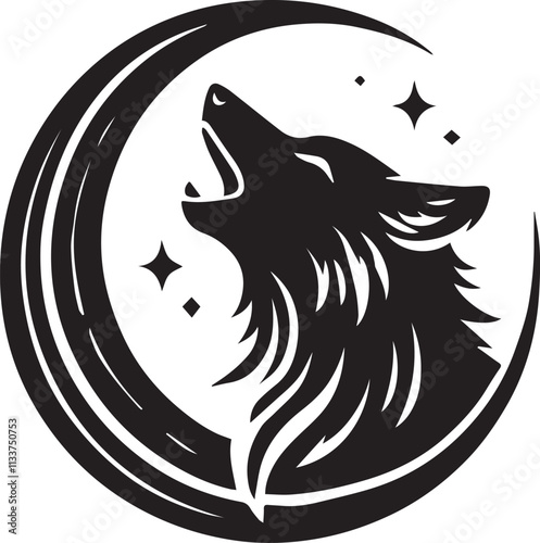 A wolf head howling at a crescent moon vector black silhouette