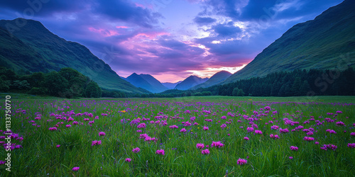 Fototapeta Naklejka Na Ścianę i Meble -  Beatiful sky and flower meadow concept. breathtaking view of wildflower meadow at twilight, surrounded by mountains