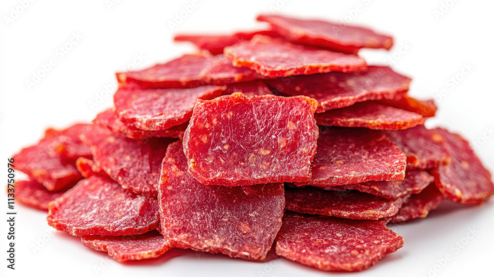 Dried beef jerky pieces stacked in pile, showcasing rich red color and texture. Perfect for snacking or adding to meals, this protein rich treat is favorite among meat lovers Dried beef jerky pieces stacked in pile, showcasing rich red color and texture. Perfect for snacking or adding to meals, this protein rich treat is favorite among meat lovers