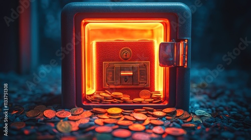 Open safe with coins, glowing red from within.