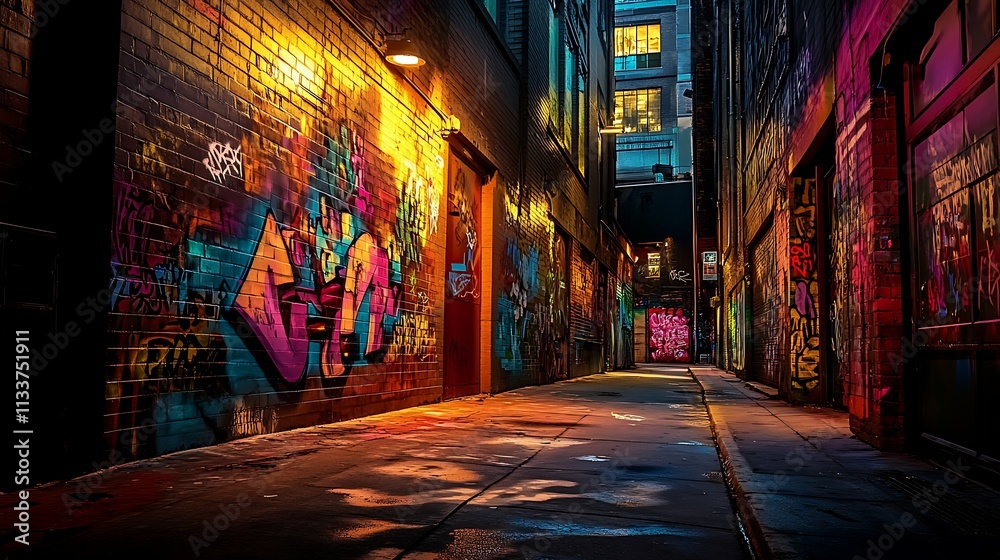 Vibrant Graffiti Adorns A Dark Urban Alleyway At Night Vibrant Graffiti Adorns A Dark Urban Alleyway At Night