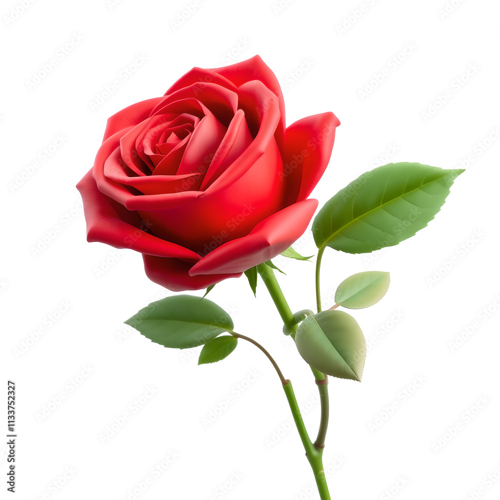 Fototapeta premium 3D red rose with stem and leaves clipart