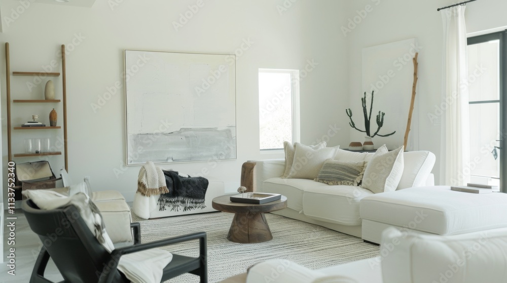 A modern and elegant living room design showcasing a white canvas backdrop, Carefully chosen minimalist furniture, Minimalist industrial style A modern and elegant living room design showcasing a white canvas backdrop, Carefully chosen minimalist furniture, Minimalist industrial style
