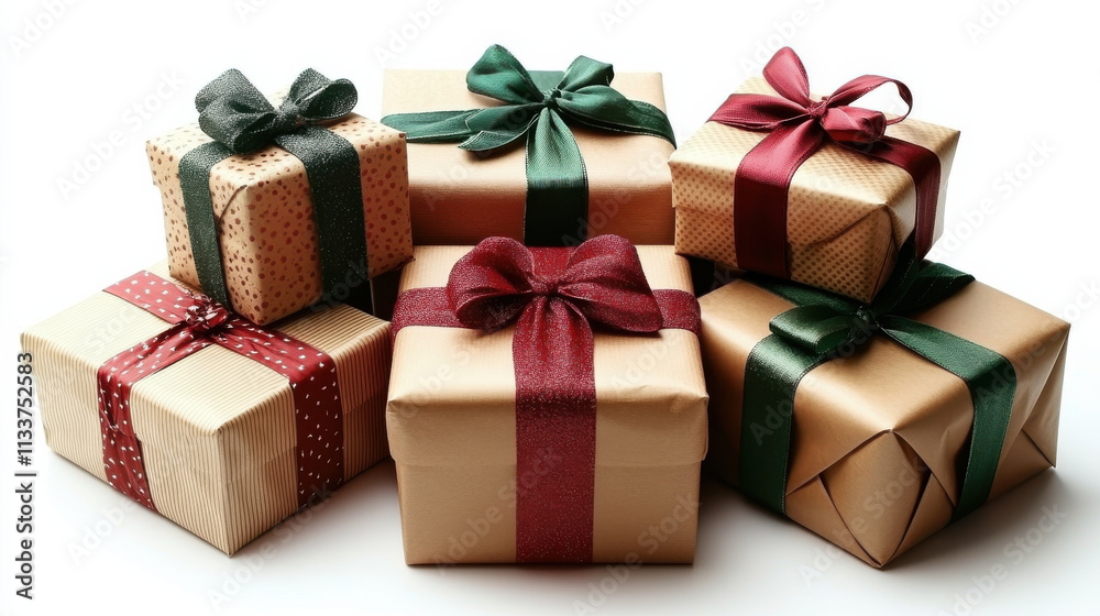 Obraz premium Wrapped Christmas presents in festive colors and patterns create joyful atmosphere. combination of red and green ribbons adds cheerful touch to holiday season