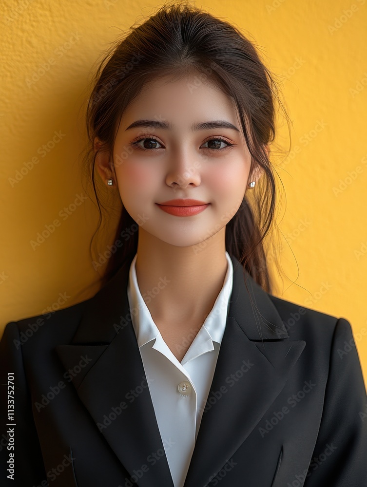 A woman in a suit is smiling for the camera A woman in a suit is smiling for the camera