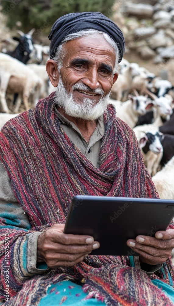 Fototapeta premium Traditional Shepherd with Modern Technology Senior Man Connects Digitally Amidst Grazing Sheep.