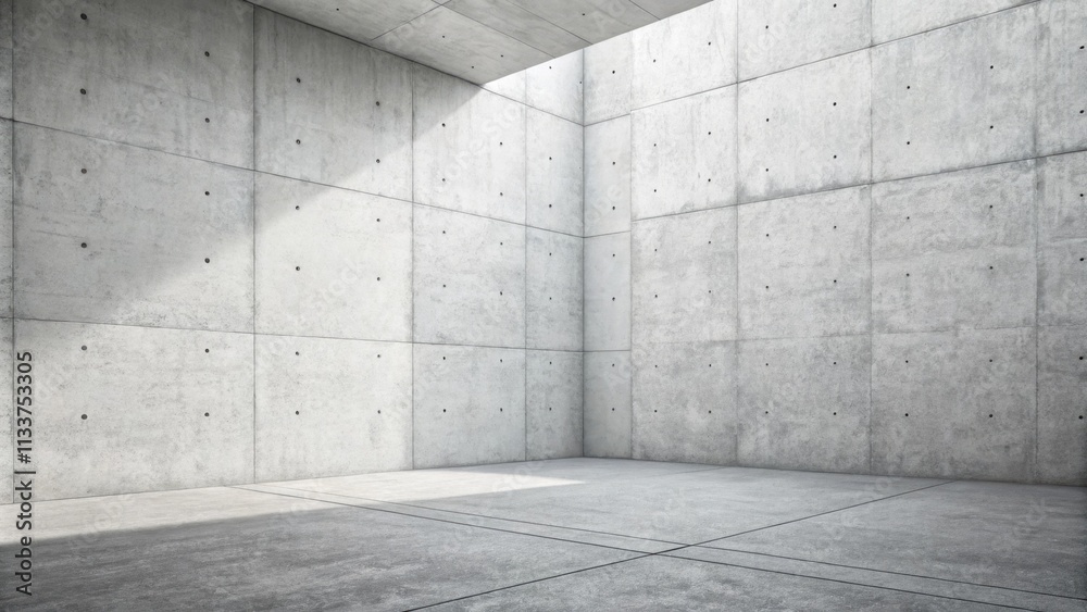 Sunlight is illuminating an empty concrete room with a square opening on the ceiling and concrete walls and floor, creating a modern and minimalist atmosphere