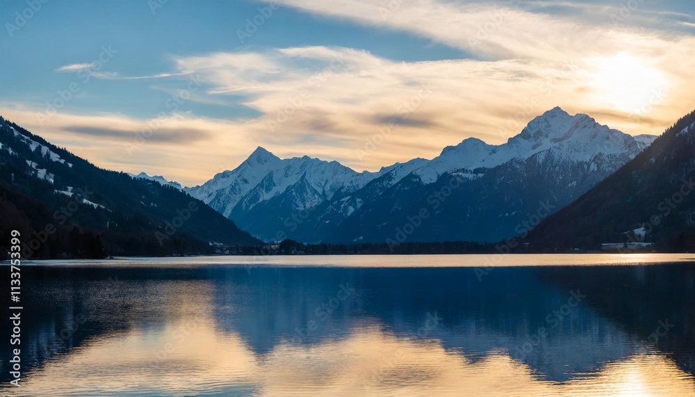 Snow-Capped Mountain Range Reflecting on Calm Alpine Lake at Sunset Snow-Capped Mountain Range Reflecting on Calm Alpine Lake at Sunset