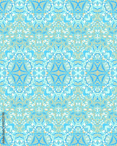 Seamless golden blue   flourish laced ornament, ornamental texture, woven laced abstract pattern, on white background