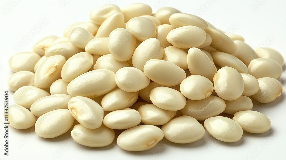Creamy white kidney beans are piled together, showcasing their smooth texture and glossy surface. These beans are perfect for various dishes and add nutritional value to meals Creamy white kidney beans are piled together, showcasing their smooth texture and glossy surface. These beans are perfect for various dishes and add nutritional value to meals