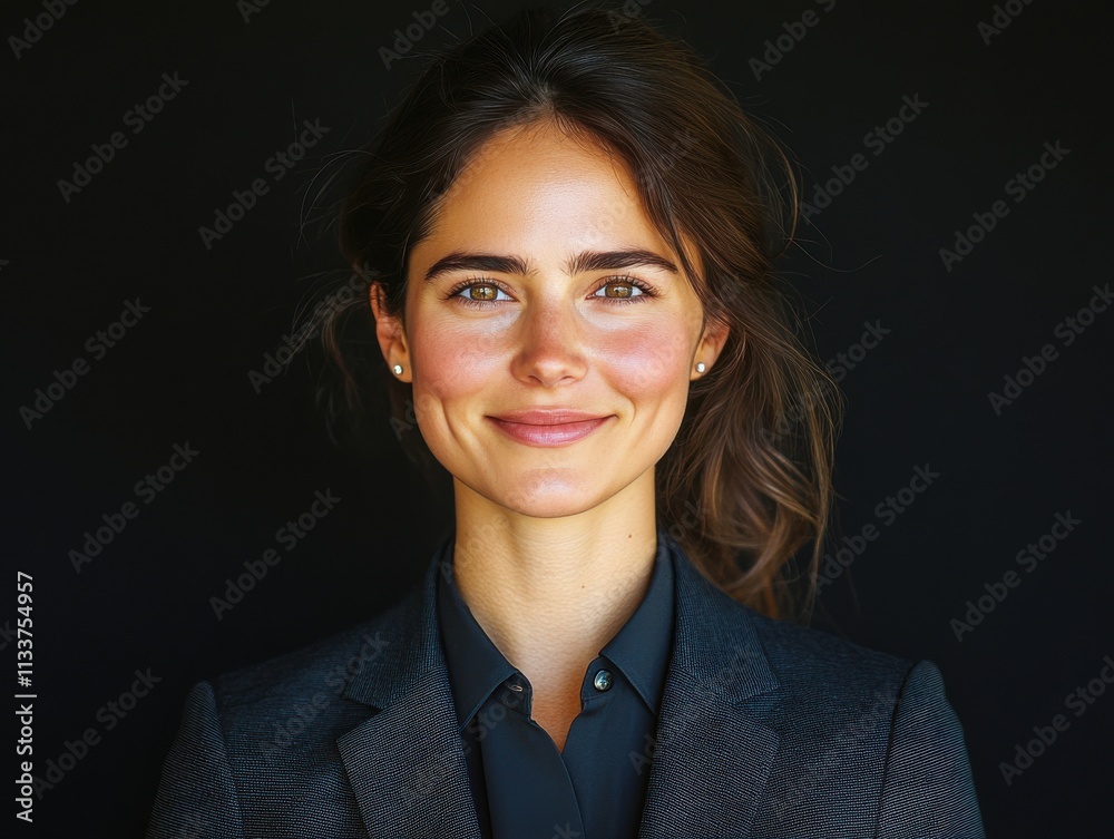 A woman in a suit is smiling for the camera A woman in a suit is smiling for the camera